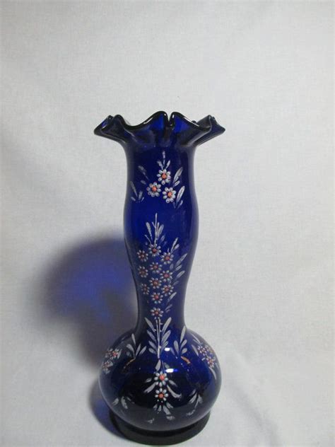 Cobalt Blue Vase Antique Bohemian Hand Blown Enameled Hand Etsy