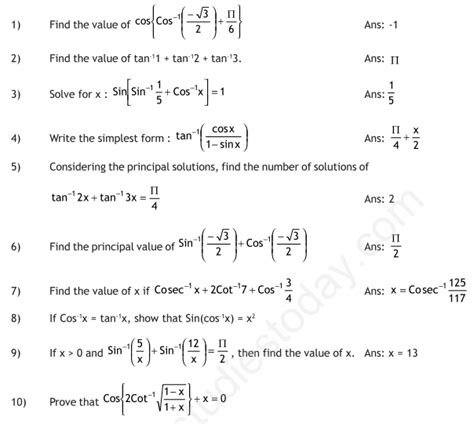 Cbse Class 12 Mathematics Inverse Trigonometric Functions Worksheets Library