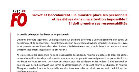 Fnec Fp Fo Brevet Et Baccalaur At Le Ministre Place Les Personnels