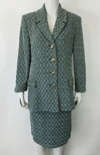 St John Couture Knit Piece Sets Jacket Skirt Suit Green Tweed