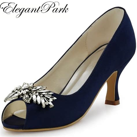 Woman Shoes Wedding Bridal Mid Heel Navy Blue Peep Toe Rhinestone Satin