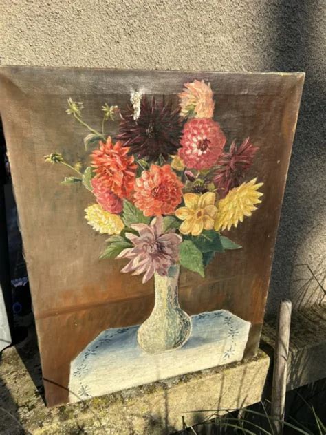 Tableau Ancien Hst Peinture Nature Morte Bouquet De Fleurs Eur