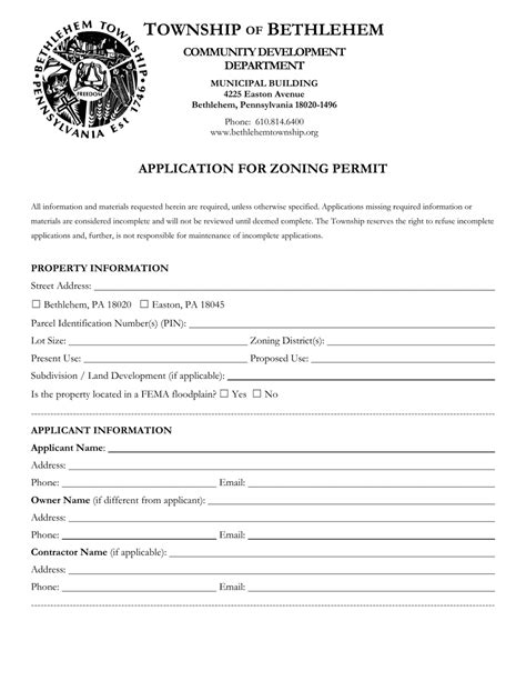 Bethlehem Township Pennsylvania Application For Zoning Permit Fill