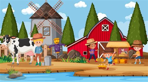 Farm scene with many kids cartoon character and farm animals 2712360 Vector Art at Vecteezy