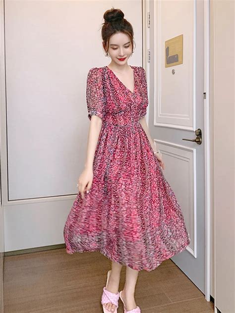 Summer Women Midi Dress French Elegant Sweet Chiffon Flower Short Sleeve Single Breasted A Line