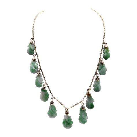 Art Nouveau Carved Jade 14 Karat Gold Drop Necklace For Sale At 1stdibs