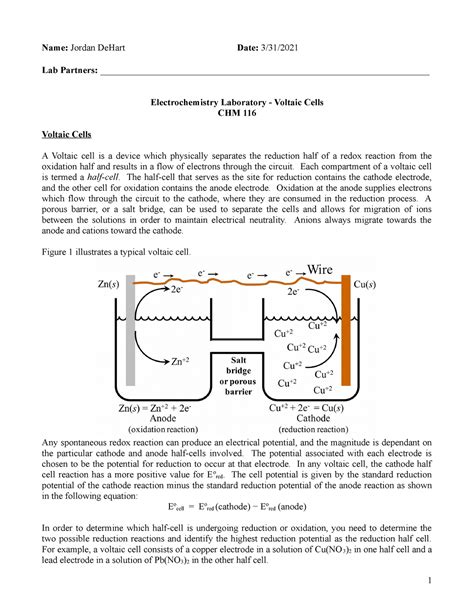 Lab 8 CHM 116 Voltaic Cells Name Jordan DeHart Date 3 31 Lab