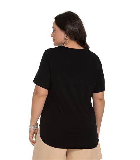 Blusa Alongada Plus Size Blossom Secret Glam Preto Preto