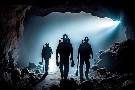 Siluetas De Mineros En Un Casco Con Linternas En Una Cueva Oscura