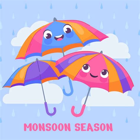 Free Vector Flat Monsoon Season Illustration With Smiley Umbrellas