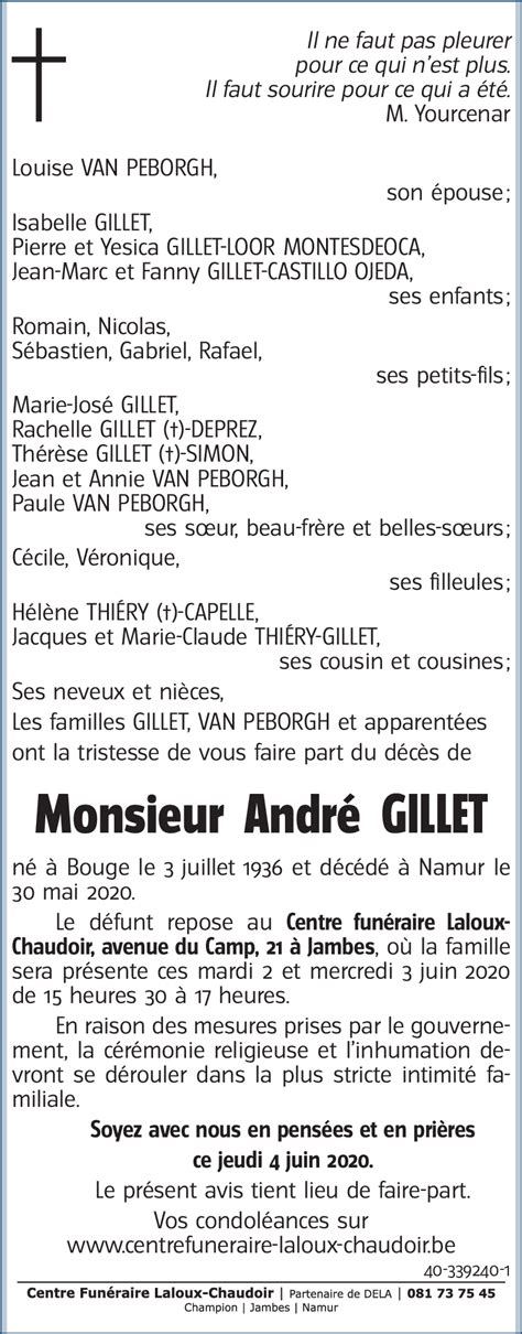 Avis de décès de André GILLET décédé le 30 05 2020 à Namur annonce