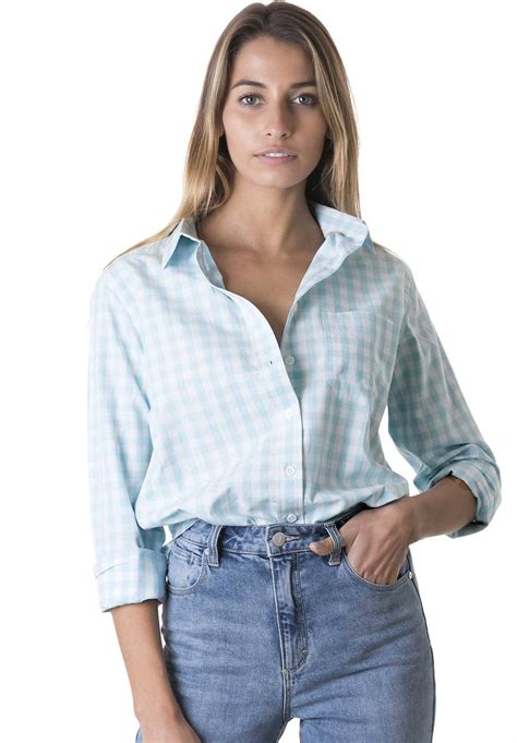 Gigi Aqua Gingham Cotton Shirt Womens Gingham Gingham Shirt Plaid Tops