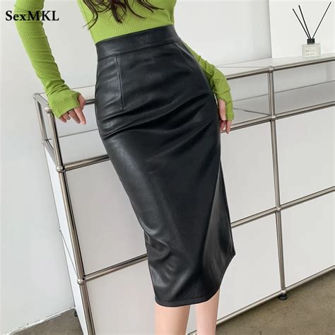 Elegant Black Pu Leather Skirts Women Sexy Korean Fashion High High