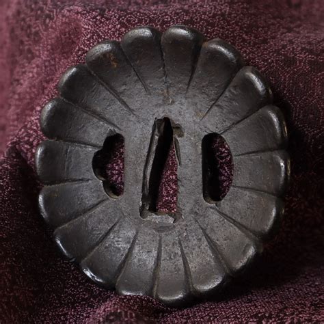 Sword Guard Iron Antique Chrysanthemum Design Tsuba Sword Fitting