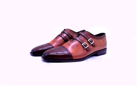 Leather Dress Shoes Mens Handmade Tan Patina Double Monk Shoes On Storenvy