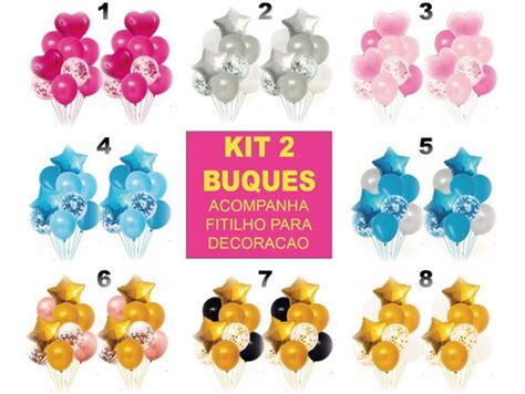 2 Kits Balão Bexiga Metalizado Látex Kit Buque Total 18 Pçs