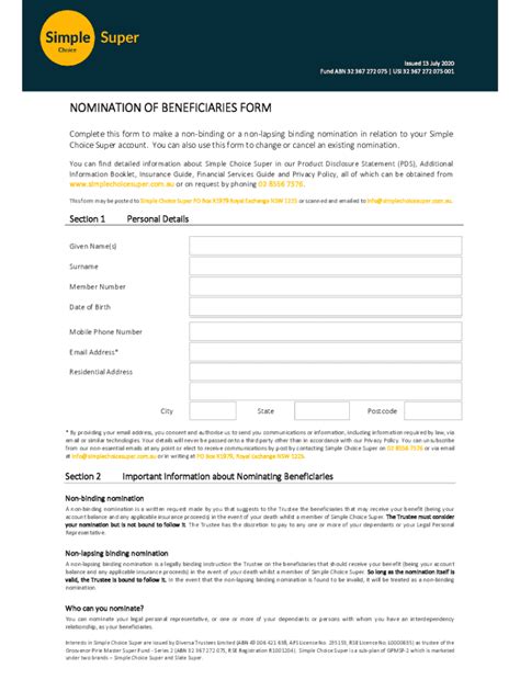 Fillable Online PDF NOMINATION OF BENEFICIARIES FORM Simple Choice