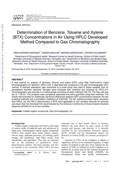 Pdf Determination Of Benzene Toluene And Xylene Btx Concentrations In Air Using Hplc