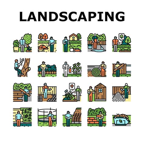 Premium Vector Garden Landscape Lawn Landscaping Icons Set Vector