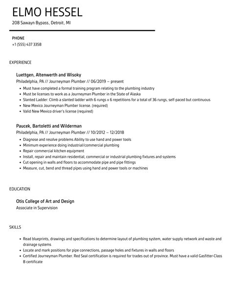 Journeyman Plumber Resume Samples | Velvet Jobs