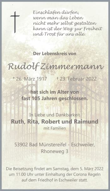 Traueranzeigen Von Rudolf Zimmermann WirTrauern