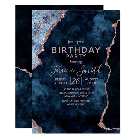 Navy Blue Rose Gold Birthday Party Invitation Zazzle Invitaciones