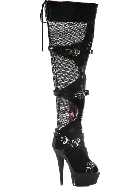 Summitfashions Inch Peep Toe Fishnet Knee High Boots Sexy Black