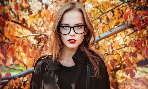 Women With Glasses Glasses Sweater Red Lipstick Women Leaves