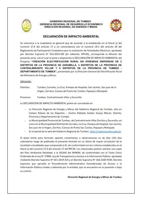 ANUNCIO DE LA DECLARACIÓN DE IMPACTO AMBIENTAL PARA LA ELECTRIFICACIÓN