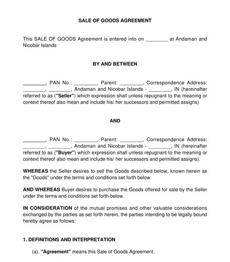 Sale Of Goods Agreement Template Word Pdf