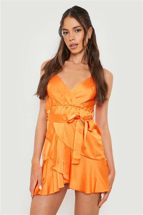 Satin Wrap Frill Mini Dress Boohoo