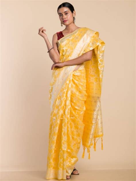 Yellow Floral Chanderi Silk Saree Dhunki Fashion