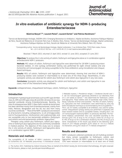 Pdf In Vitro Evaluation Of Antibiotic Synergy For Ndm 1 Producing