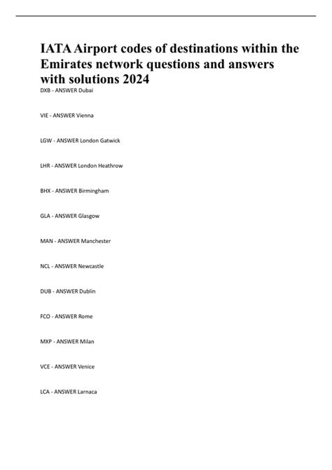 Iata Airport Codes Of Destinations Within The Emirates Network