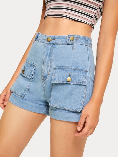 Roll Hem Pocket Side Denim Cargo Shorts Shein In 2020 Cargo Shorts Women Cargo Shorts Denim