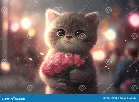 Illustration Of Cute Sad Kitten Holding Bouquet Of Flowers Generative