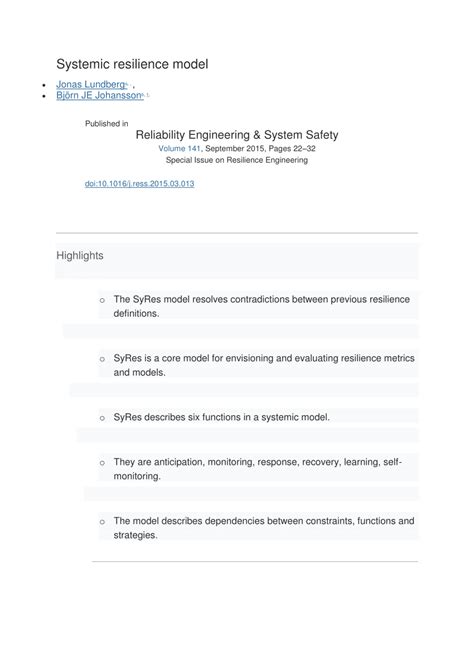 Pdf Systemic Resilience Model