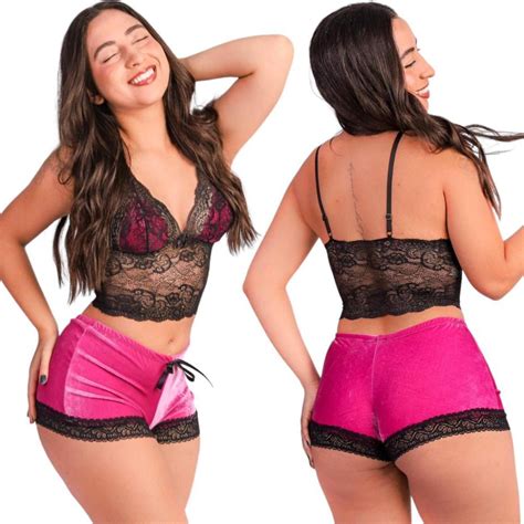 Pijama Baby Doll Feminino Lingerie Veludo Luxo Renda Short Doll Veludo