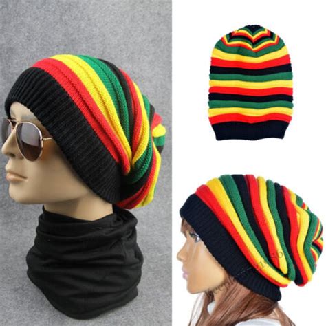 Unisex Rasta Reggae Tam Knit Beanie Beret Cap Baggy Hat Rainbow Warm