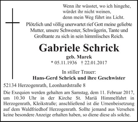 Traueranzeigen Von Gabriele Schrick Aachen Gedenkt