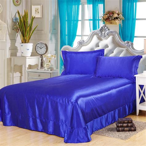 Twin Queen King Size 1pcs Sapphire Blue Silk Satin Flat Sheets Bed