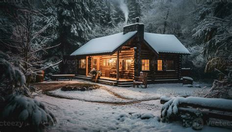 Rustic log cabin in snowy forest, a tranquil winter adventure generated by AI 25495403 Stock ...