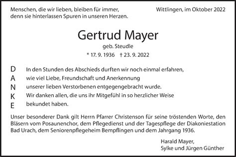 Traueranzeigen Von Gertrud Mayer S Dwest Presse Trauer