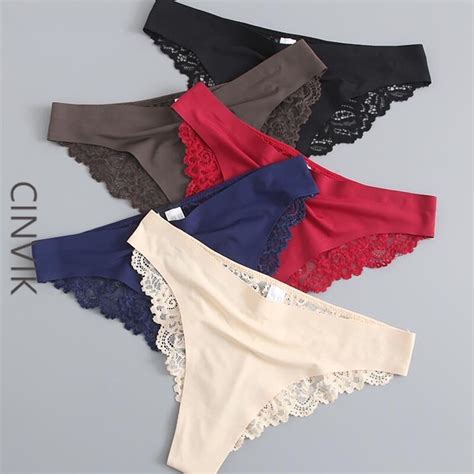 Cinvik Ladies Sexy Thong Japanese Lace Ice Silk Panties Pure Cotton Crotch Low Waist Women