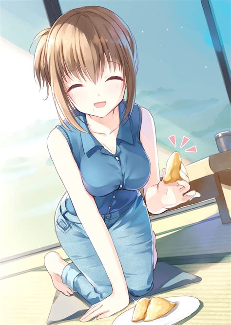 Safebooru 1girl D Bare Arms Barefoot Blue Shirt Blush Breasts