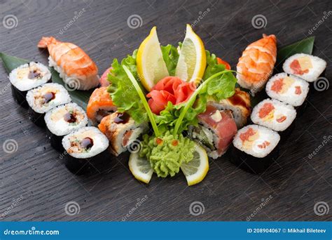 Japanese Sushi Food Maki Ands Rolls With Tuna Salmon Shrimp Crab And