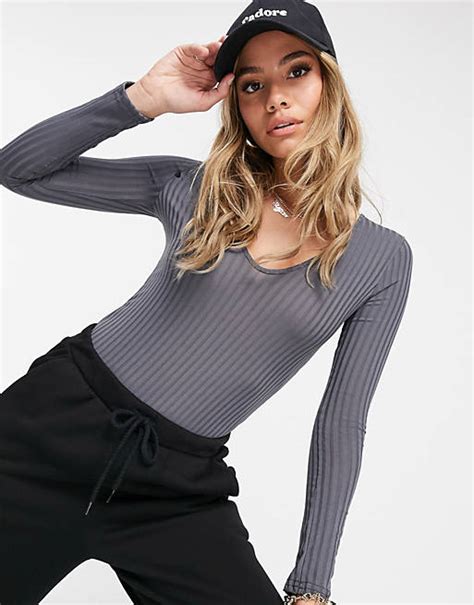 Missguided Basics V Neck Ribbed Long Sleeve Bodysuit In Grey Asos