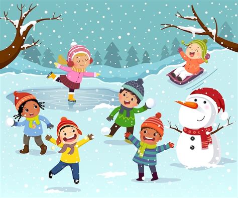 Premium Vector | Winter outdoor activities with kids and snowman