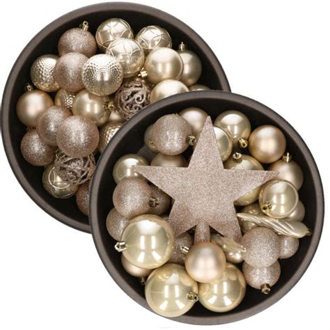 70x Stuks Kunststof Kerstballen Met Ster Piek Parel Champagne Mix 5 6