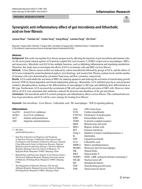 Synergistic Anti Inflammatory Effect Of Gut Microbiota And Lithocholic